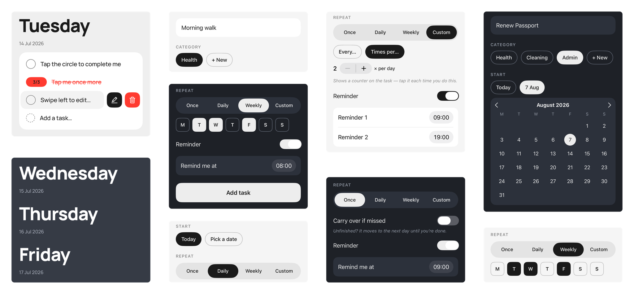 The parts that make up the TUGAS app laid out side by side: day cards, category chips, repeat toggles, reminder rows and a date picker.